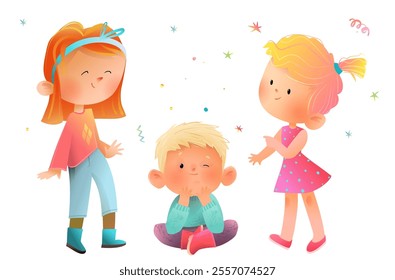 Children boy and girls of different age isolated clipart set. Happy kids friends characters in different clothes posing. Vector childhood characters illustration clip art for kids design.