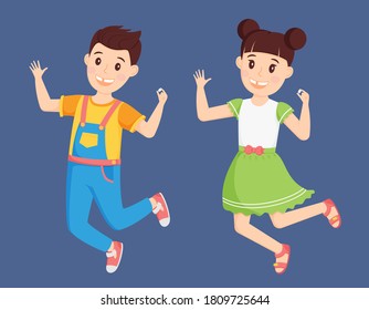 Children a boy in a jumpsuit and a girl in a dress jump with a fallen tooth in their hand. Cute cartoon characters are happy and smiling. Loss of the first tooth. Vector illustration. Flat style
