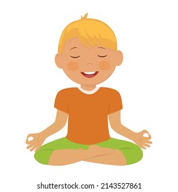 Children boy meditation. Kids yoga, relax, breathing lessons.Vector catoon illustration.