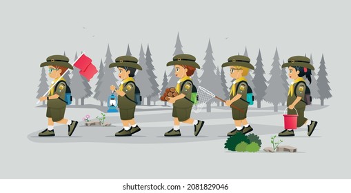 Kinder in Boy Scout Kostüme gehen auf ein Abenteuer im Wald.