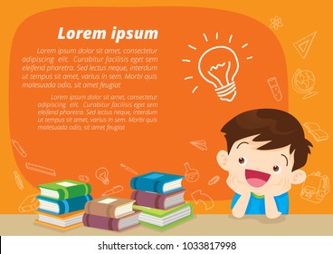 children boy thinking idea and books.Cute kid imagine in classroom with space for your text.education concept with  books background template.for web banner, backdrop, ad,promotion poster.