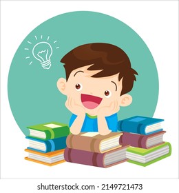 niños pensando en ideas y libros.Imagen pequeña de niño en clase en icono circular
