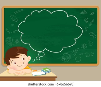 children boy thinking idea and chalkboard.Cute kid imagine in classroom and text cloud with space for your text.