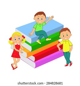 children, boys, girl and a stack of books on white background, illustration, vector