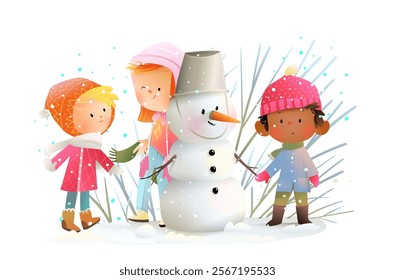 Children boys and girls building snowman in winter for Christmas. Happy kids friends characters in winter clothes play outside with snow. Vector childhood character illustration for kids.