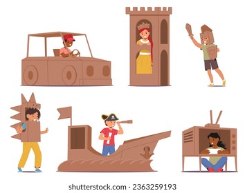 Children Boys and Girls Characters Don Creative Cardboard Costumes, Exploring Imagination Through Diy Wearable Art, Fostering Creativity, And Encouraging Sustainable Play. Cartoon Vector Illustration