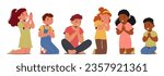 Children Boys and Girls Characters In Peaceful Prayer, Eyes Closed, Hands Folded. Innocent Expressions Convey Faith And Hope, Creating Heartwarming And Serene Scene. Cartoon People Vector Illustration