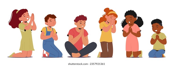 Children Boys and Girls Characters In Peaceful Prayer, Eyes Closed, Hands Folded. Innocent Expressions Convey Faith And Hope, Creating Heartwarming And Serene Scene. Cartoon People Vector Illustration
