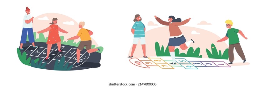 Children Boys and Girls Characters Play Hopscotch Game at House Yard. Happy Kids Summer Vacation Activity, Friends Spend Time Together on Playground. Cartoon People Vector Illustration