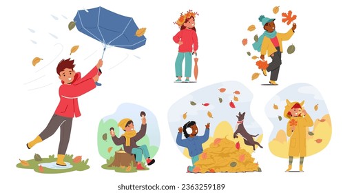 Стоковое векторное изображение: Children Boys and Girls Characters Revel In Autumn Delight, Collecting Colorful Leaves, Jumping Into Crunchy Piles, And Savoring Cozy Moments As Nature Transforms. Cartoon People Vector Illustration