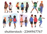 Children Boys and Girls Characters Walking Together In A Rear View, Carrying Backpacks And Wearing Uniforms, Heading To School With Excitement And Enthusiasm. Cartoon People Vector Illustration