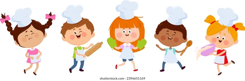 Niños, niños y niñas con sombreros para cocinar. Diverso grupo de niños chefs con diferentes estilos de cabello y colores de piel sosteniendo utensilios de cocina. Ilustración del vector