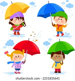 Niños, niños y niñas vestidos con ropa cálida, parados bajo la lluvia y soplando bajo sus paraguas. Ilustración vectorial.