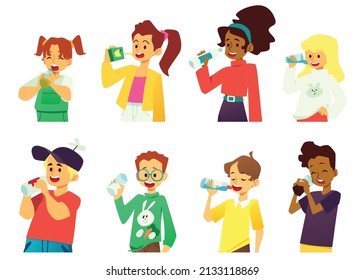 Children boys and girls drinking water, milk, soda and juice - flat vector illustration isolated on white background. Set of cartoon kids characters with glass and bottle of beverage.