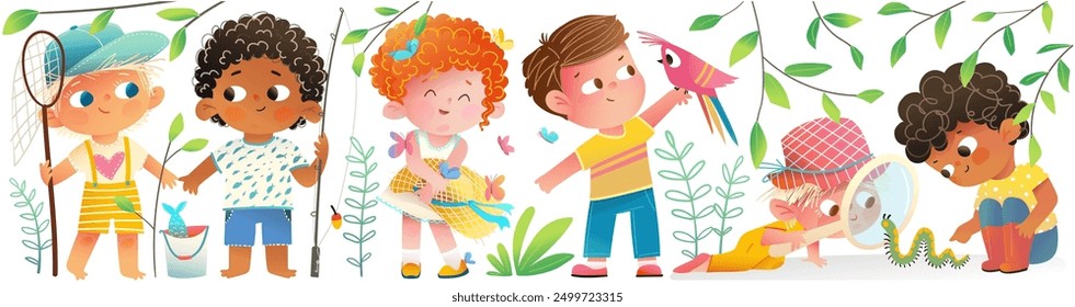 Niños, niños y niñas Explore y estudian insectos y animales de la naturaleza. Hobby de verano y actividades infantiles, colección infantil multirracial. Ilustración gráfica de Vector para niños, dibujos animados dibujados a mano.