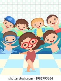 Children. Boys and girls. Have fun. Swimming pool with water waves. Wall with tiles. Swimming, diving and water sports. Illustration in cartoon style. Flat design. Vector art