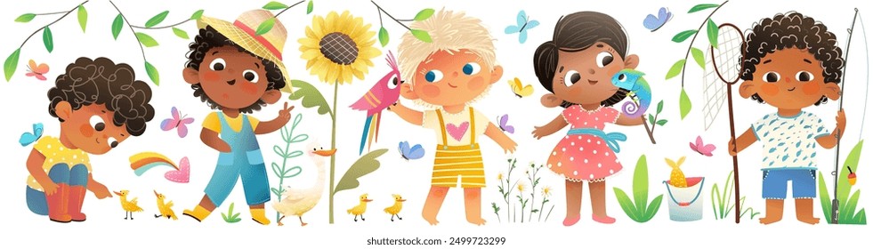 Niños, niños y niñas pasatiempo y actividad en la naturaleza y en la granja. Explore de niños curiosos y animales de estudio en la naturaleza, colección de niños multirraciales. Conjunto de Ilustración vectorial preescolar, dibujos animados dibujados a mano.