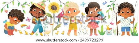 Children boys and girls hobby and activity in nature and at farm. Curious kids explore and study animals in nature, multiracial kids collection. Preschool vector illustration set, hand drawn cartoon.