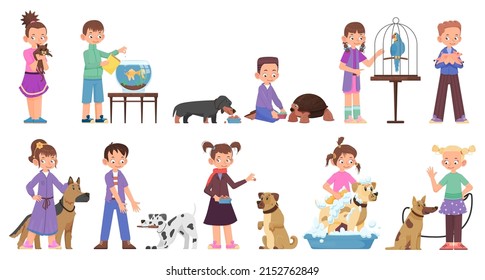 Children - boys and girls play, train with dogs, a cat, a turtle, a parrot, a goldfish in a cartoon style.