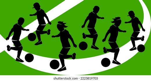 Children boys and girls playing football on a soccer field doing drills and exercises with balls