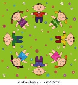 Children boys and girls resting, lying on flower green meadow. Vector