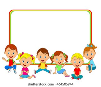 children, boys and girls sitting on the floor and frame, illustration,vector