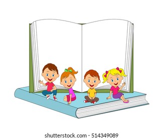 children, boys and girls sitting on the book, illustration,vector