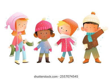 Children boys and girls wearing winter clothes for Christmas. Happy kids friends characters in winter clothes hats scarfs and warm coats. Vector childhood character illustration for kids.