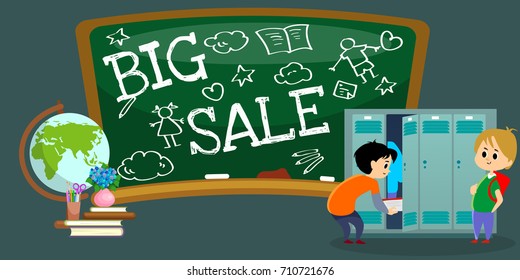 Children boys near lockers in the locker room of the school dress up and put their personal belongings and books for study in open doors, hallway and campus life vector illustration
