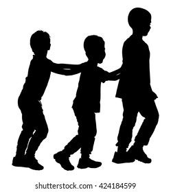 Children, boys play train game vector silhouette illustration isolated on white background. School kids entertainment. Outdoor fun activity for happy boys.