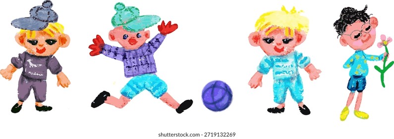 Los niños son niños. Personajes simples. Da flores y juega al fútbol.