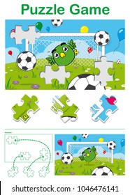 Children brainteaser puzzle game with a cute bird goalkeeper playing soccer with soccerballs and balloons - vector