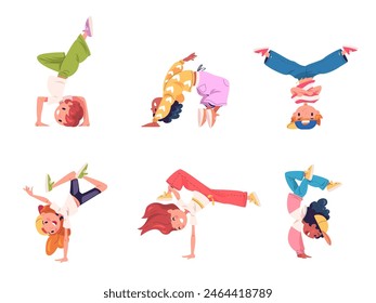 Children breakdance. Kids acrobatic hiphop dance, child breakdancer rapper b-boy character street freestyle aerobic dancing hip hop music concept classy vector illustration of breakdance dancer