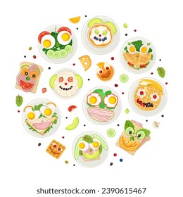 Children Breakfast Food and Meal Round Composition Design Vector Template