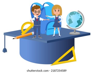 Children, briefcase and globe.Children are getting ready to go to school and are standing near a large briefcase .Vector illustration.