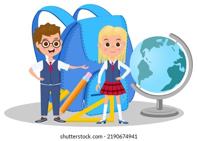 Children, briefcase and globe.Children are getting ready to go to school and are standing near a large briefcase .Vector illustration.