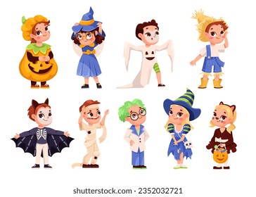 Children in Bright Halloween Costumes Celebrate Holiday Vector Set