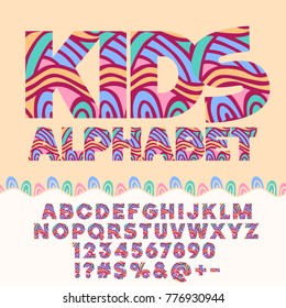 Children bright motley pattern Alphabet set. Colorful Letters, Numbers and Punctuation Symbols