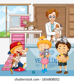 Children bring their pet to see a veterinary doctor  illustration