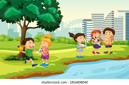 Children brings their pets to the park scene illustration