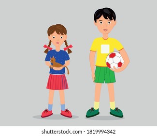 Children, brother and sister, Boy and girl, soccer player and girl with a kitten. Funny cartoon character. Vector illustration