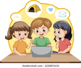 Children browsing internet on laptop illustration