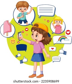 Children browsing social media using phone illustration