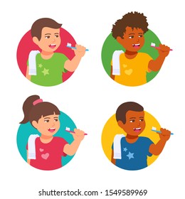 Children brush their teeth. Cute happy boy and girl holding a toothbrush with toothpaste. Everyday healthy habit. Vector cartoon illustration.