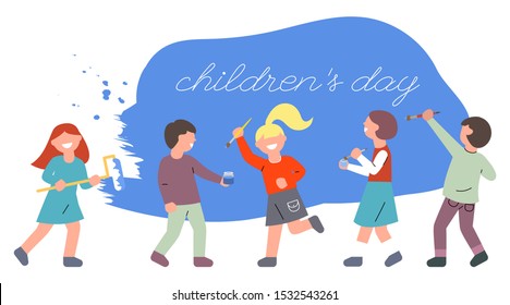 Los niños con pinceles y un rodillo pintan la pared de azul. Día Mundial del Niño. Luminosa ilustración plana con un grupo de niños sonrientes.