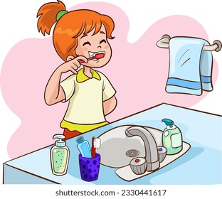  children  brushing her teeth vector illustration.