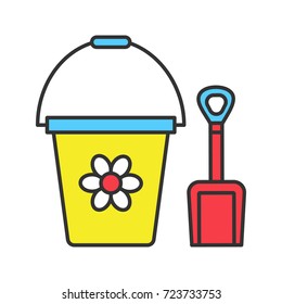 Children bucket and shovel color icon. Sand and beach toys. Isolated vector illustration