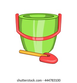 Children bucket with shovel icon in cartoon style isolated on white background. Games and toys symbol