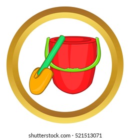 Children bucket with shovel vector icon in golden circle, cartoon style isolated on white background