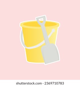 Children bucket with shovel vector. Vector Isolated Illustration of a Yellow Bucket and a Shovel